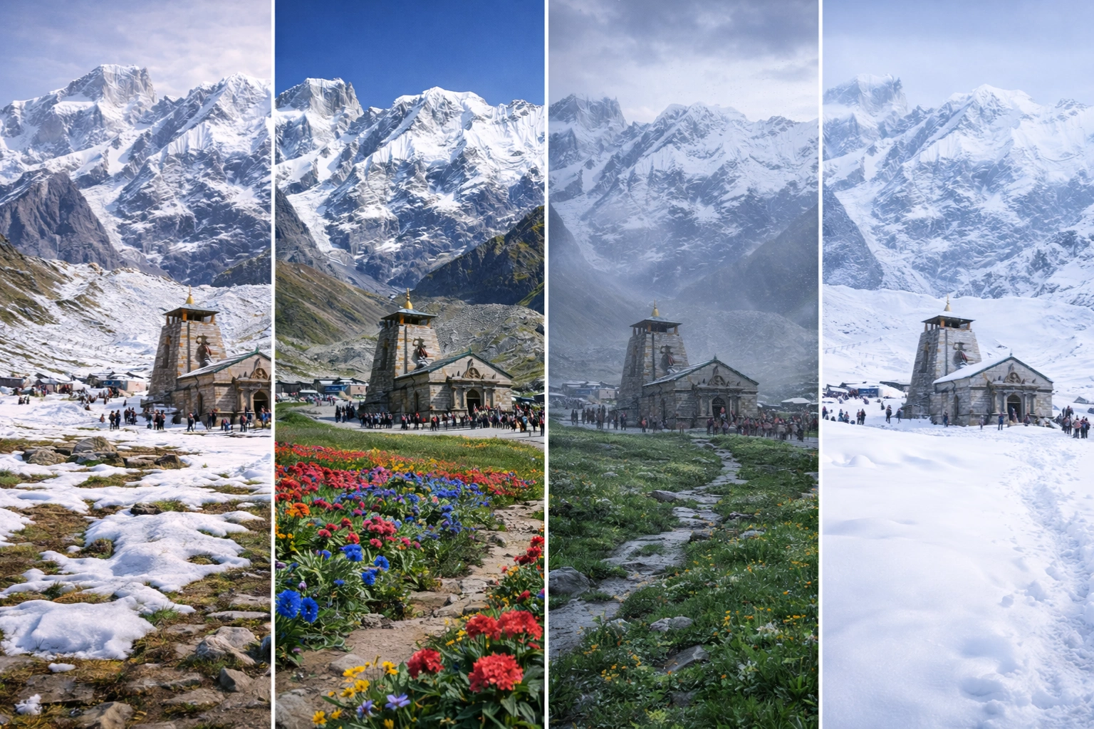 kedarnath image in all seasons witner, summer and spring